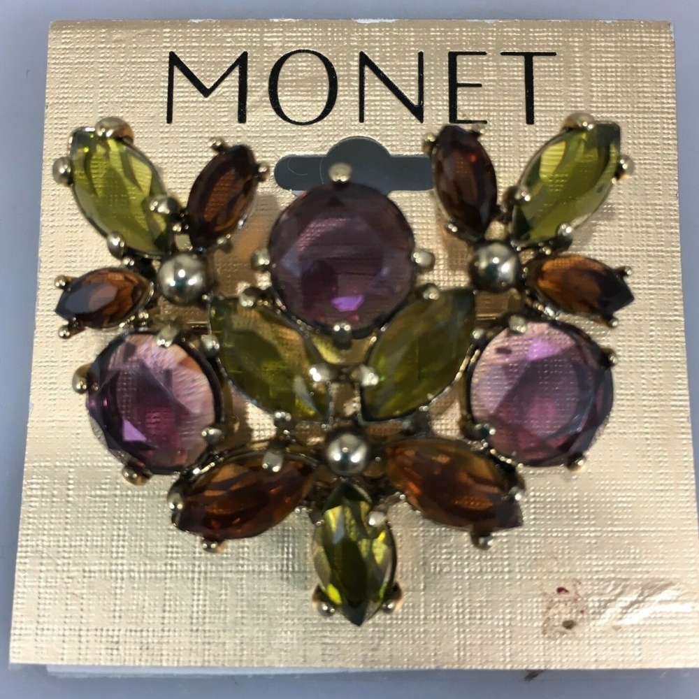 Monet Purple Green Brown Crystal Pin Brooch NEW - Picture 1 of 2